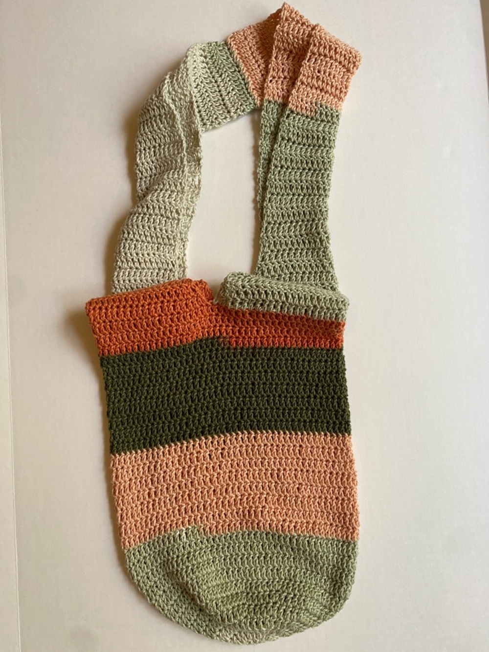 Handmade Crocheted Striped Tote Bag in Peach, Olive & Sage